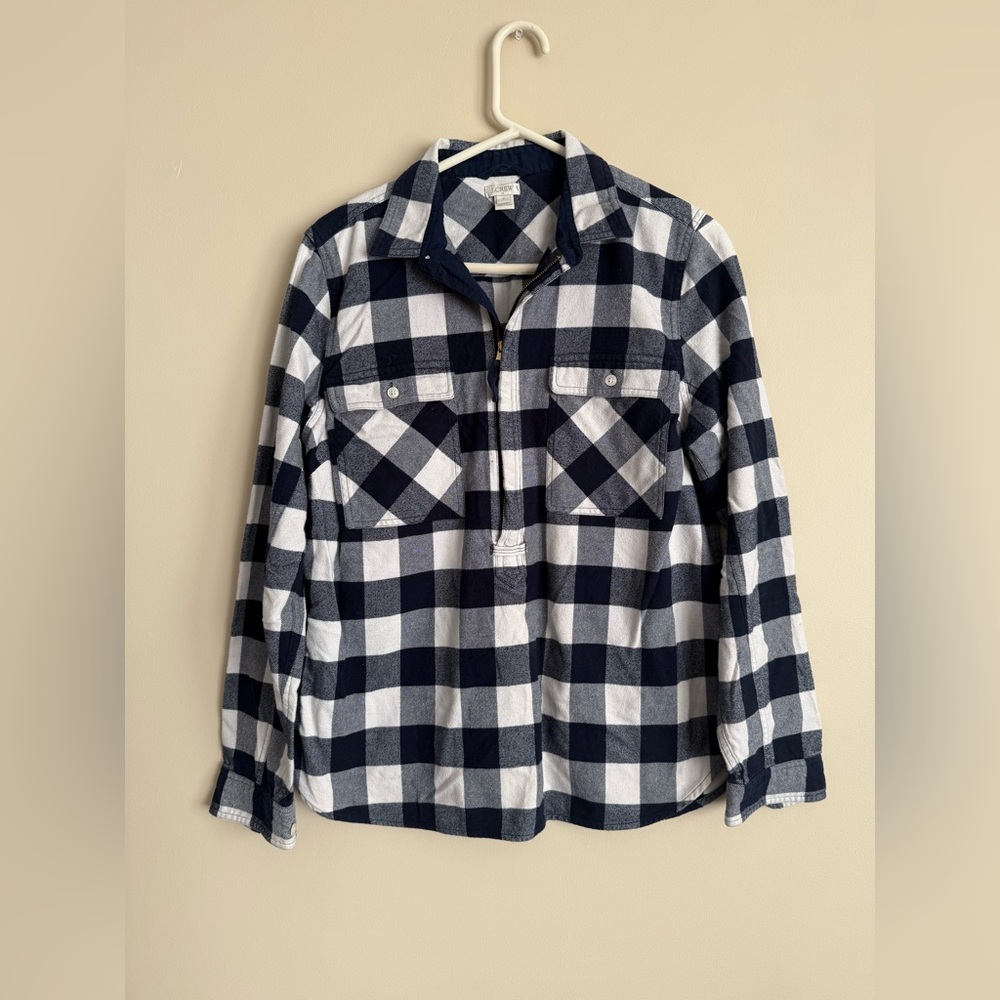 J.Crew Navy and White Plaid Half-Zip Shirt Jacket Medium 100% cotton Spring